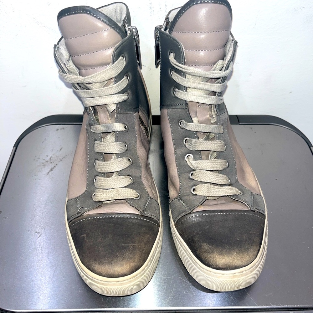 Gray leather high top sneakers